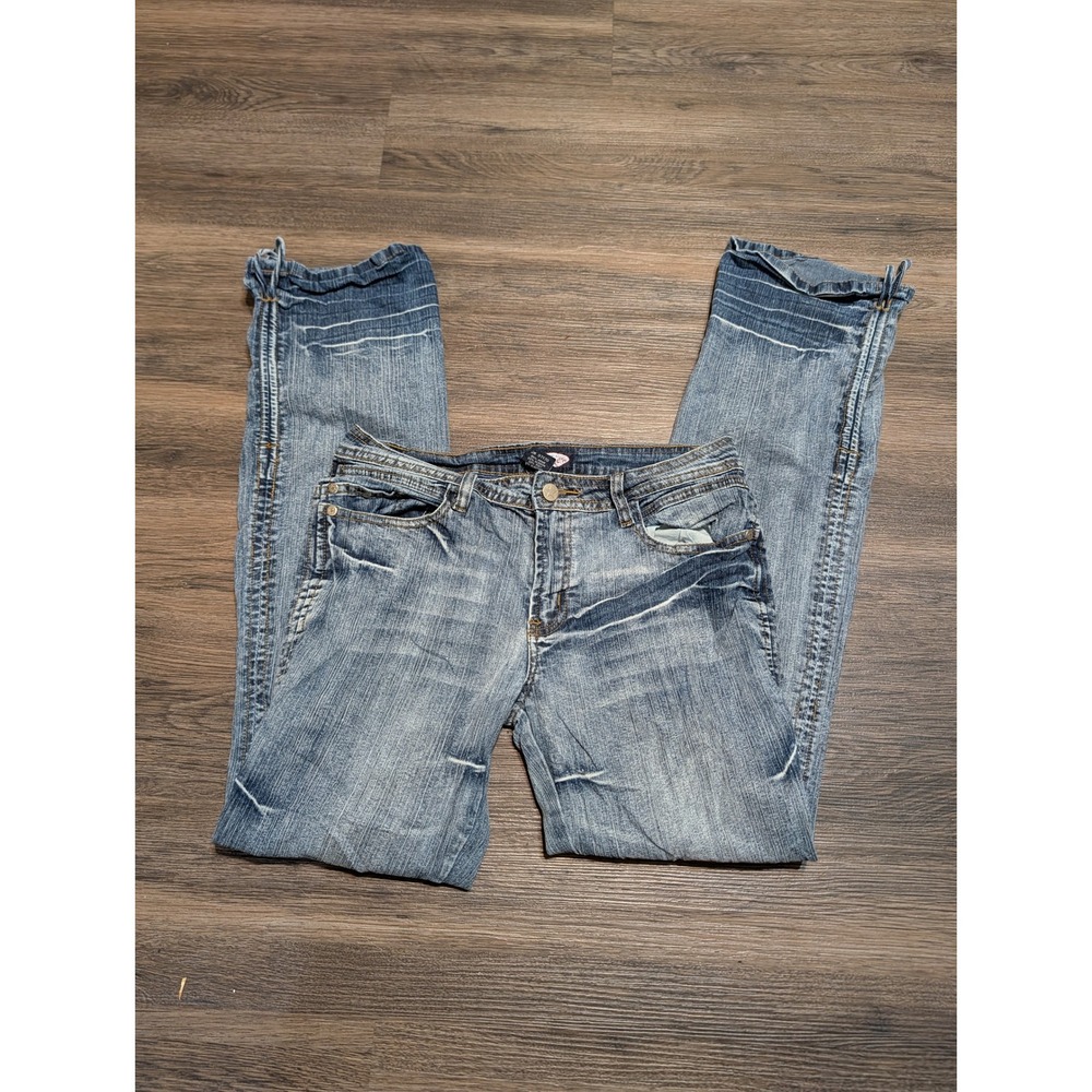 Zoey Beth Y2K Medium Wash Straight Leg Jeans Drawstring Hem GS818F Size 7/8